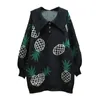 Women Sweater Knitted Long Sleeve Black Pineapple Think Pullovers Autumn Winter Turn Down Collar M0188 210514