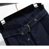 Women Navy Blue High Waist Harlan Beam Pants Button Pocket Sash Summer Casual Loose P0029 210514