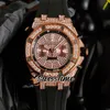 44mm 26703 Gypsophila Dial Watches Miyota Quartz Chronograph Mens Watch Rose Gold Case Diamond Bezel Black Rubber Strap Sport Wristwatches SwissTime