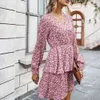 Klänning Autumn Spring Elegant Floral Layed Ruffle Dresses for Women Party Pink Long Sleeve Women Fall Clothing Fashion 210415