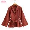 Koreańska wersja Harajuku Lapel Single-Breasted Chic damska kurtka luzu i modny pasek żeński płaszcz wierzchołki 210507
