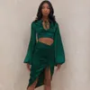 Summer Women Green Fashion 2 Two Pieces Sets Long Sleeve V Neck Tops& Skirts Lace Up Celebrity Runway Party 210423