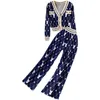 High-End Suit Foreign-Style V-Neck Single-Breasted Short Knitted Cardigan Coat High Waist Wide Leg Pants Two-Piece Suit