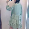 Zielona Wzburzyć Mini Sukienka Kobiety Wiosna Moda Kieszenie Kołnierz Długi Rękaw Woman Casual Krótki ES 210519