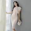 summer ladies slim fashion dress Zippers Knee-Length Office Lady Chiffon Polyester 210416