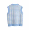 Streetwear Women Blue Plaid Sweater Vest Fashion Ladies V-Neck Stickade Toppar Kausal Kvinna Chic Ficka Loose Cardigan 210527