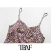 TRAF Women Chic Fashion Floral Print Pleated Mini Dress Vintage V Neck Backless Thin Straps Female Dresses Vestidos 210415