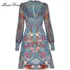 Fashion dress Spring Women's Dress Mesh Ruffles Beaded Long sleeve Patchwork Jacquard Floral-Print Vintage Dresses 210524