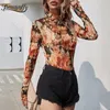 Hoher Nacken langhältiger Blumen -T -Shirts Frauen Frühling Sommermodie Streetwear Ladies Slim Fit Print Tees 210510
