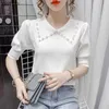 Summer Pearl Beading Thin Sweater Women Ruff Short Sleeve Turn-down Collar Pullover Knitted Tops Solid Slim Knitwear White Black X0721