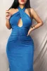 Casual Dresses 2022 Autumn Evening Party WearWomen Blue Elegant Halter Neck Hollow Out Bodycon Midi Black Ruched Backless Sexy Knitted