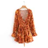 Ruffle Lace Wrap Klänning Kvinnor Vintage Lantern Sleeve Embriodery Orange Dress Beach Boho Sommarfjäder Kort Klänning Bomull 210415