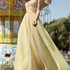 Robe femme col en V profond dos nu sexy es sans manches taille haute grand ourlet fête es mode jaune maxi 210513