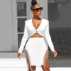 Summer Style Ladies Sexy Long Sleeve V-neck Tassel White Two Piece Bandage Set Celebrity Designer Fashion 210525