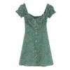 Yaz retro yeşil küçük çiçek baskı mini elbise kısa kollu kare boyun tek göğüslü düğme ince elbiseler 210429