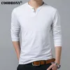 Couodrony t-shirt homens primavera outono de manga comprida Henry Collar Camiseta marca macio puro algodão magro ajuste 7625 220312