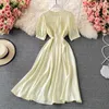 Summer French Style Women's Dress Solid Round Neck Short Sleeve Ruched Slim Waist A-line Vintage Party Robe Femme 210603