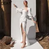 [泥炭]夏のファッションスクエアカラーハイウエストフレアスリーブの床の長さの背中の白いエレガントなドレス女性13C601 210527