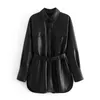 Женщины черные элегантные классические искусственные кожаные куртки пальто с поясом дамы с длинным рукавом свободный негасительный мальчик друг ретро пальто 210520