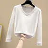 Camisa do decote em v Camisa das mulheres T de algodão de manga comprida Outono de fundo coreano magro slim com branco cinza preto 10476 210510