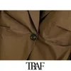 TRAF Women Mode Single Button Plooited Linnen Blazer Jas Vintage Notched Collar Lange Mouw Vrouwelijke Bovenkleding Chic Top 210415