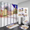 Blue Christmas Elk Print Shower Curtain Set with Anti Slip Toilet Mat Rug Carpet Bath Products Bathroom Home Decor Hooks 211119