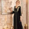 Summer Women's Arabian Style V-neck Gold Embroidery Pair Flower Long Loose Sleeve Dress Worship Ramadan Casual Dresses