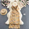 Women French Floral Strap Dress Sexy Sleeveless Swinging Collar Slim Party Dress Summer Sexy Off Shoulder Split Dress 210715