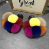 Fox Fur Ball Woolen Women Slipper Color Block Flat Cute Sandal Couple/Parent-child shoes Casual Outer Wear Flip Flops Y0902