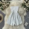 SINGREINY Women Sexy Strapless Rompers Splice Elastic Knitted Solid Jumpsuits Summer Sexy Off Shoulder Short Wide Leg Rompers 210419