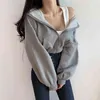 Rockmore Zipper Up Bluzy Kobiety Kieszenie Estetyczne Solidne Bluzy Z Długim Rękawem Crop Top Baggy Hooded Hoodie SHIRTS Loose 211108