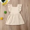 Enfant en bas âge bébé fille coton lin sans manches couleur unie robe de soirée robe d'été Q0716