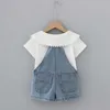 Sommar barn tjejer 2-pcs sätter vit båge peter pan collar shirts + denim overalls söt stil kläder e0223 210610