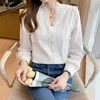 Women's Blouses & Shirts 2021 Designer Runway Lace Long-sleeved V-neck White Pullover Office Lady Elegant Tops