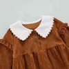 Outono garoto meninas vestidos boneca lapela design decote botões de plissado hem corduroy vestido casual crianças roupas g1026
