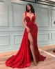 Sparkly Sexy Red Sequined Mermaid Prom Dresses High Side Split Spaghetti Straps Floor Length Satin Prom Party Gowns Formal Dress Robe De Soirée Custom Made