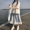 Japanese 2Pcs Suit Women Summer Doll Collar White Shirt + High Waist Plaid Pleated Long Skirt Korean Casual Harajuku Kawaii Set 210619
