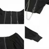 Rockmore Double Zipper Chain Tshirt Women Black Gothic Crop Top Long Puff Sleeve Square Collar Backless Shirts Casual T-shirt 210720