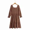 Vintage Woman Brown Print Square Collar Długa Sukienka Wiosna Moda Damskie Drapowane Es Kobiet Eleganckie wakacje 210515