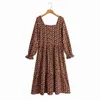 Vintage femme marron imprimé col carré robe longue printemps mode dames drapé es femme vacances élégantes 210515