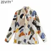 Vrouwen Elegante Bow Collar Graffiti Print Breasted Shirts Office Dames Casual Slank Blouse Roupas Chic Chemise Tops LS9111 210416