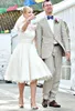 2021 robes de mariée courtes Vintage dentelle encolure dégagée nœud ceinture A-ligne 3/4 manches longues thé longueur robes de mariée sur mesure