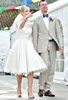 2021 Vintage Short Wedding Dresses Lace Scoop Neckline Bow Sash A-Line 3/4 Long Sleeve Tea Length Bridal Gowns Custom Made