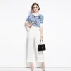 Mode Kvinnors Suit Vår och Sommar Ocean Fish Ice Silk Sweater + Nine-Point Wide-Benbyxor Tvådelat 210520