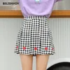 일본어 Preppy 스타일 여성 미니 Pleated 치마 하라주쿠 높은 허리 하트 자수 달콤한 레트로 격자 무늬 Kawaii A-Line S 210520