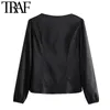 TRAF Women Fashion With Buttons Soft Touch Black Blouses Vintage V Neck Long Sleeve Female Shirts Blusas Chic Tops 210415