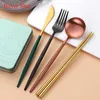 5pcs / set Portable Gold Pature Set Sammansatt Rostfritt Stål Kniv Fork Middag Spoon Chopstick Metal Outdoor Picnic Bestick Set 211012