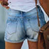 Calças de calças de brim de algodão Cintura alta estiramentos de estiramentos de verão zíper com botão de bolso casual azul algemado rompido denim curto 210724