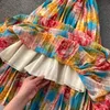 Summer Runway Floral Print Spaghetti Strap Puff Sleeve Chiffon Pleated Overalls With Belt Women Beach Boho Long Dress 210416