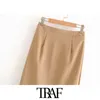 TRAF Mulheres Chic Moda Escritório Desgaste Sólido Saia Lápis Vintage Cintura Alta Voltar Zíper Saias Femininas Faldas Mujer 210415